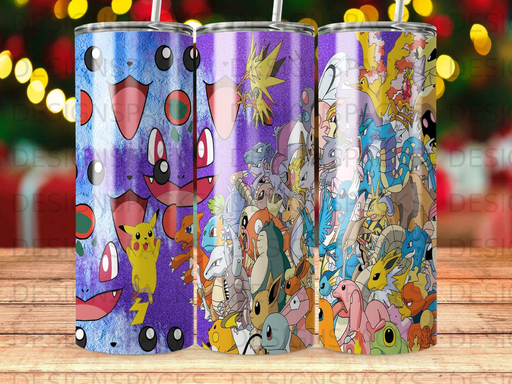Tumbler wrap with cartoon characters and glitter overlay.