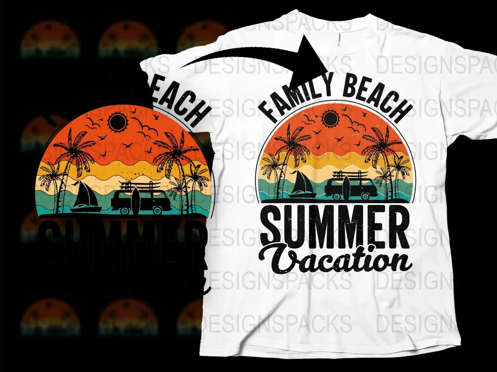 Family Beach Summer Vacation T-Shirt, Tropical Sunset Palm Trees Design, Casual Beachwear, Unisex Graphic Tee