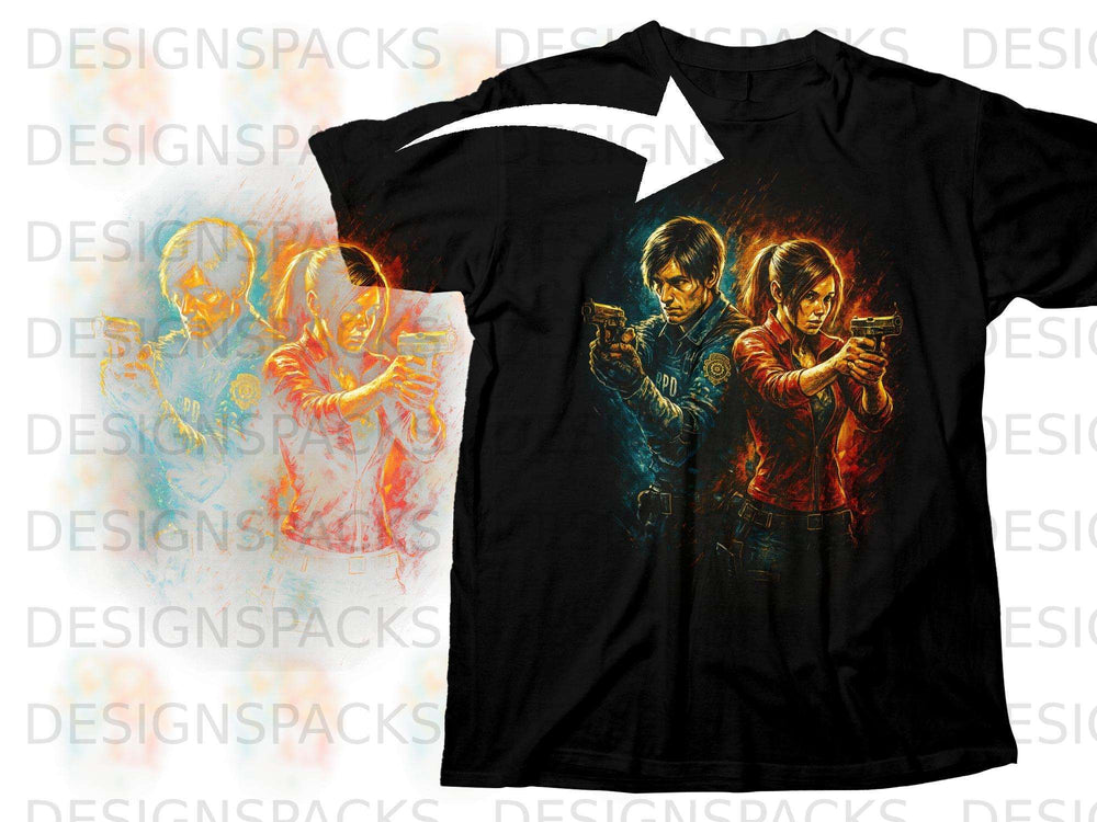 Black t-shirt with Leon and Claire holding guns in a graphic design.