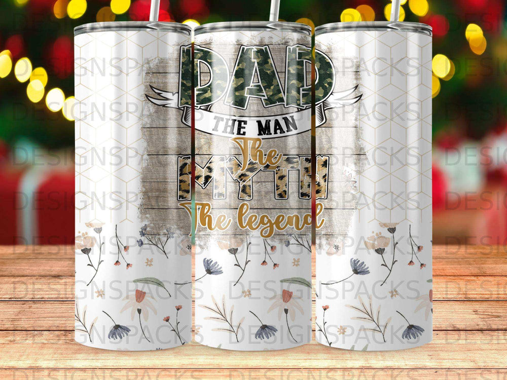 Tumbler with "The Man The Myth The Legend" text and camouflage pattern.