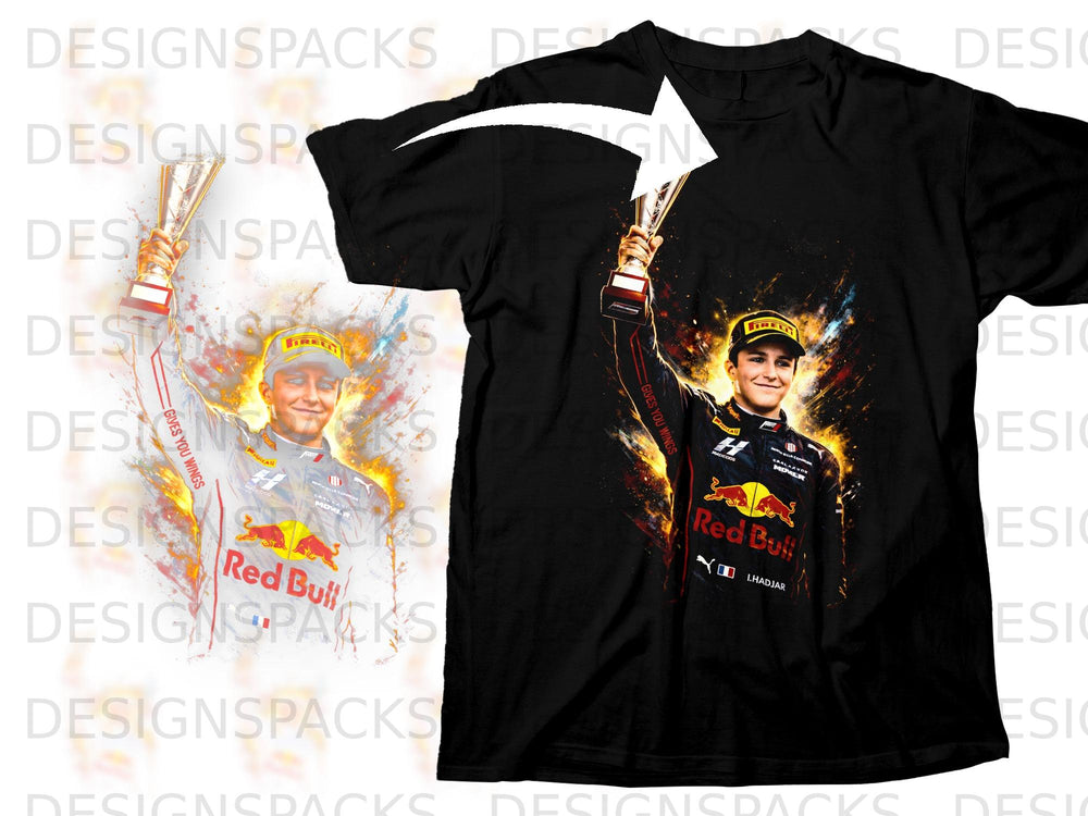 Black t-shirt with artwork of Formula 1 driver holding a trophy and Red Bull logo.