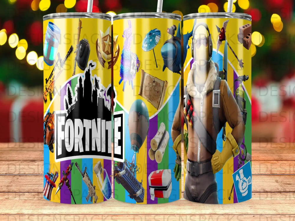 Fortnite themed tumbler with characters, weapons, and game logo.