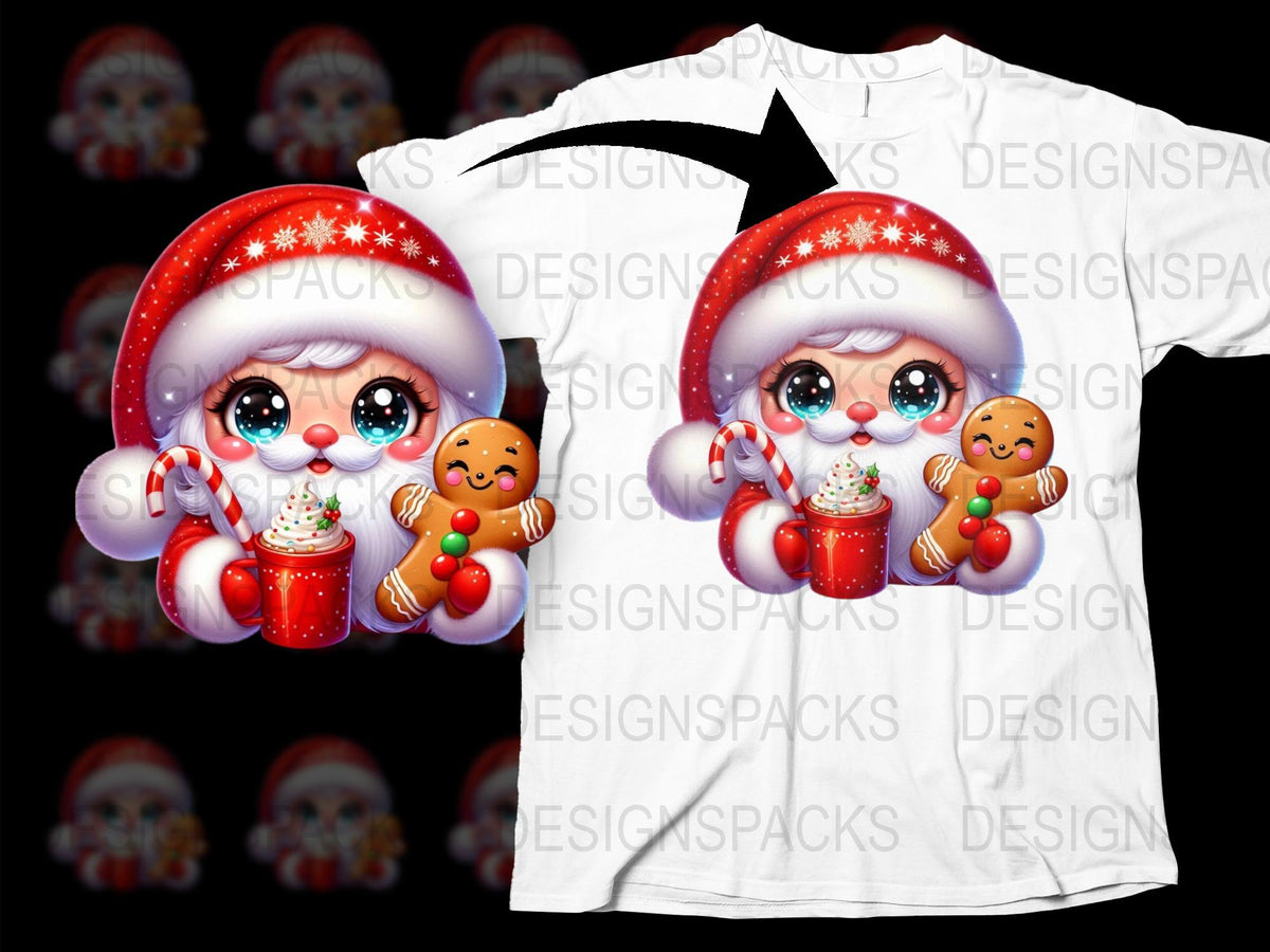 Cute Santa Girl Christmas T-Shirt, Festive Kids Holiday Tee with Gingerbread Man and Gifts, Colorful Winter Apparel