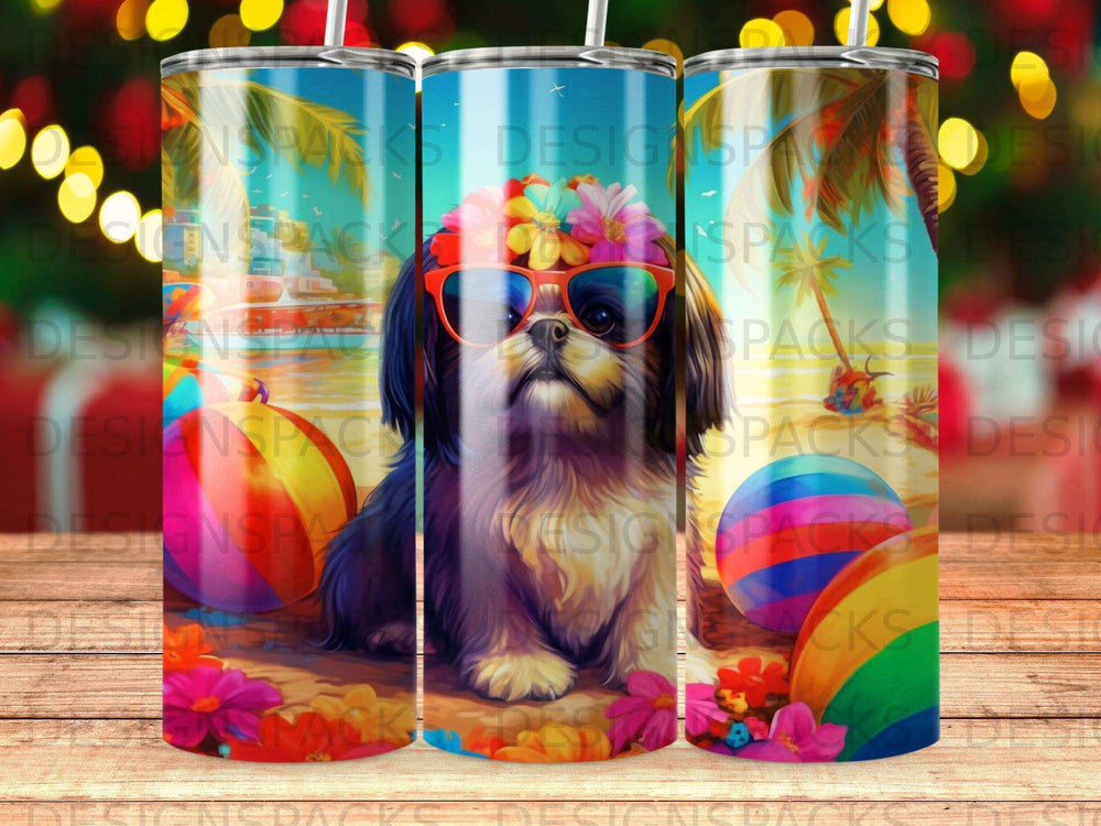 Dog wearing sunglasses and flowers on beach with beach balls.