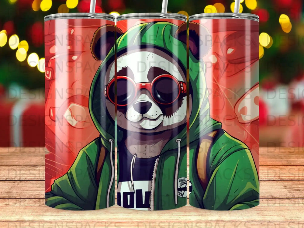 Panda wearing a green hoodie and sunglasses, holding a backpack.