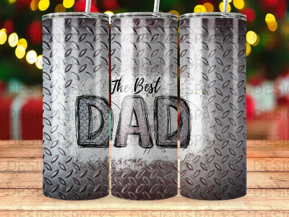 Tumbler with distressed diamond plate design and "The Best Dad" text.