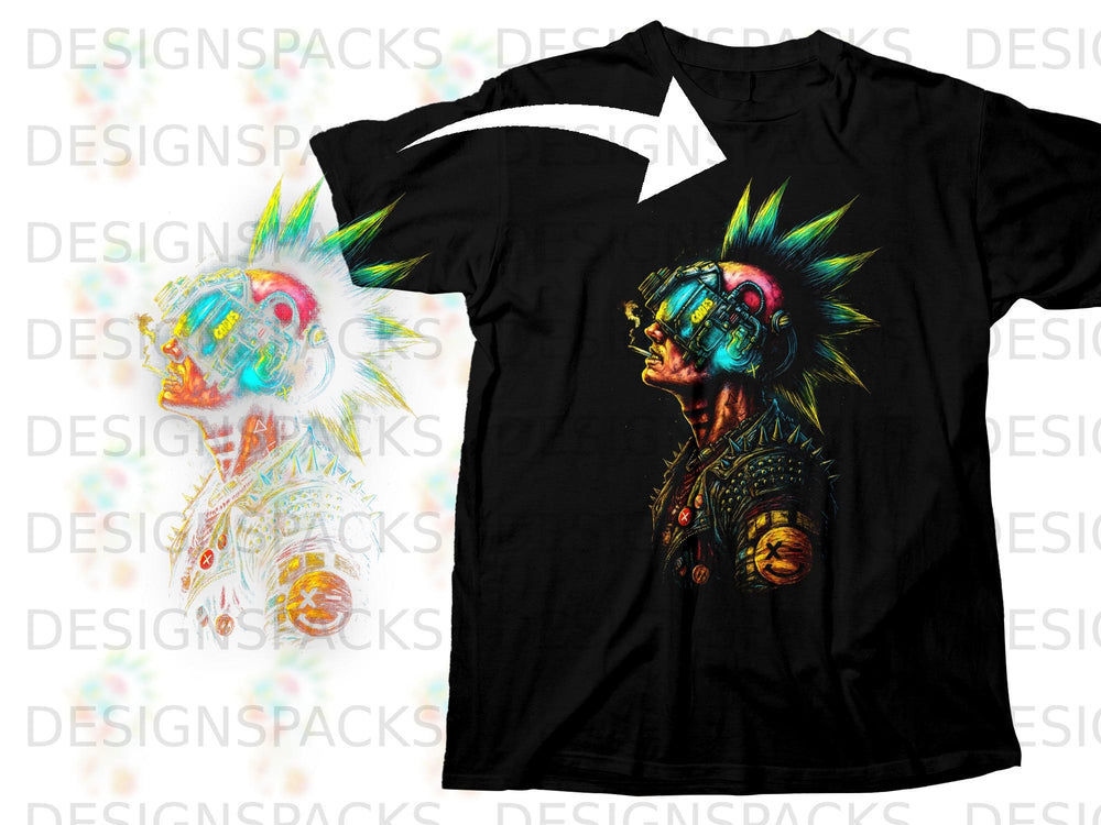 Black t-shirt with colorful cyberpunk mohawk design featuring goggles and a cigarette.