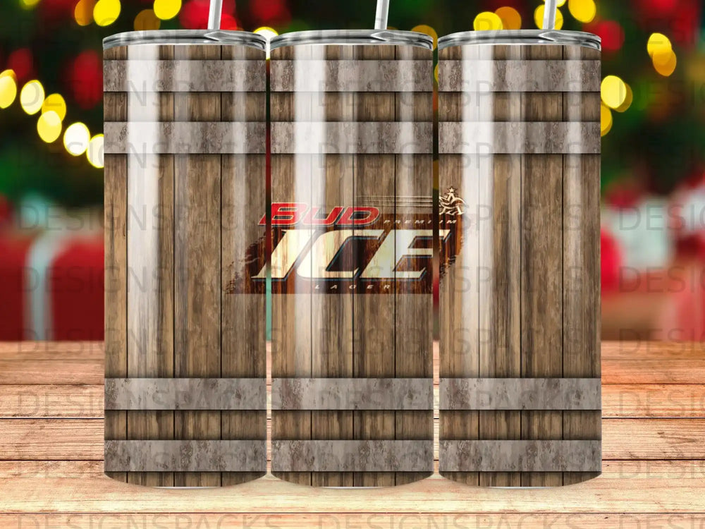 Bud Ice logo on a rustic wooden barrel tumbler.