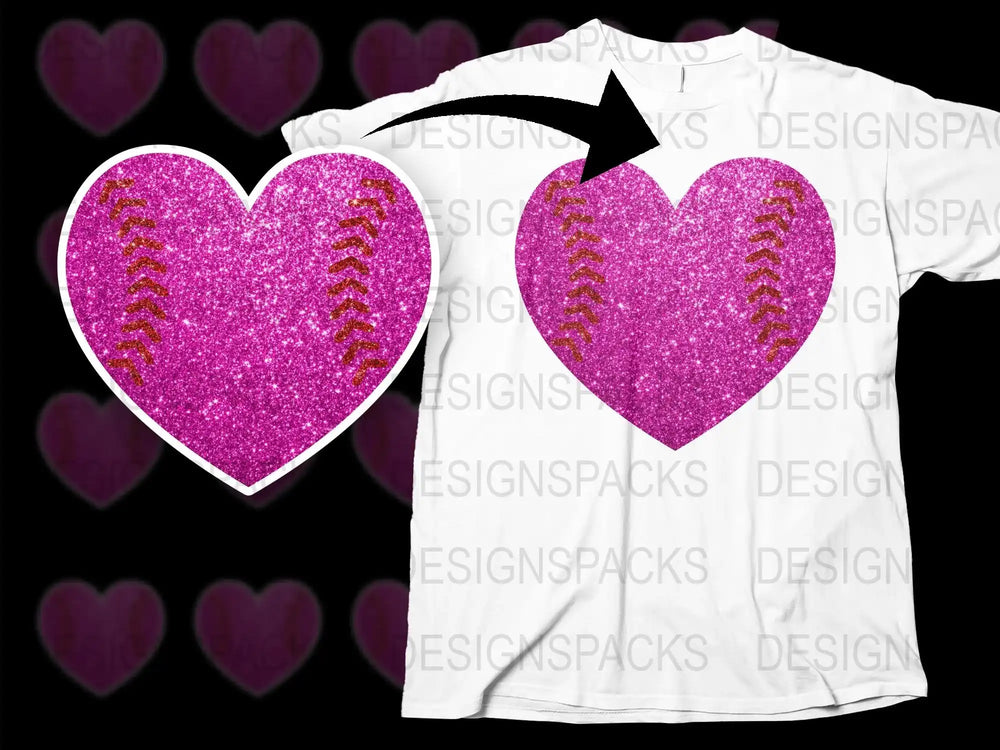 Sparkling Pink Heart Baseball T-Shirt, Glitter Softball Love Graphic Tee, Women's Casual Sports Apparel