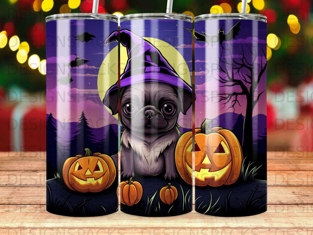 Pug wearing a witch hat sits between Halloween pumpkins under a full moon.