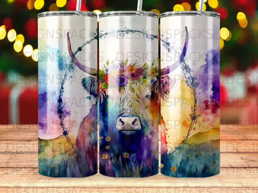 Watercolor Highland cow with floral headdress on a tumbler.