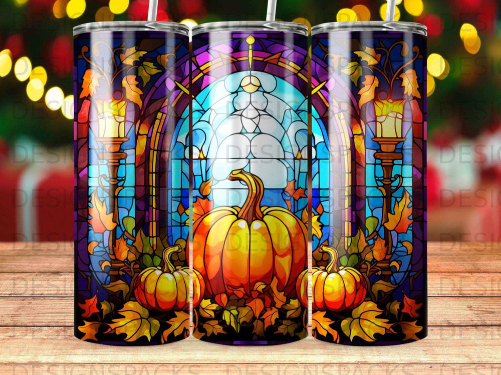 Stained glass window with pumpkins and autumn leaves.