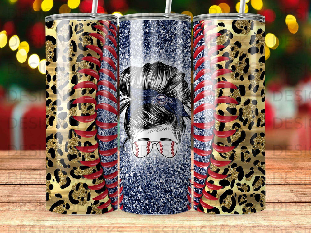 Tumbler with leopard print, glitter, and baseball stitching featuring a messy bun hairstyle.