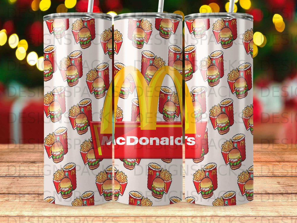 McDonald's logo and pixelated burgers on a patterned tumbler.