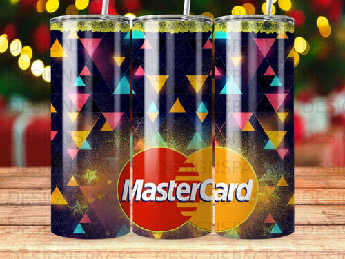 Tumbler with a Mastercard logo on a geometric triangle background.