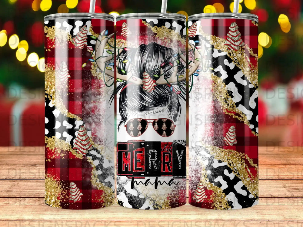 Tumbler with "Merry Mama" text, buffalo plaid, deer antlers, and Christmas lights.