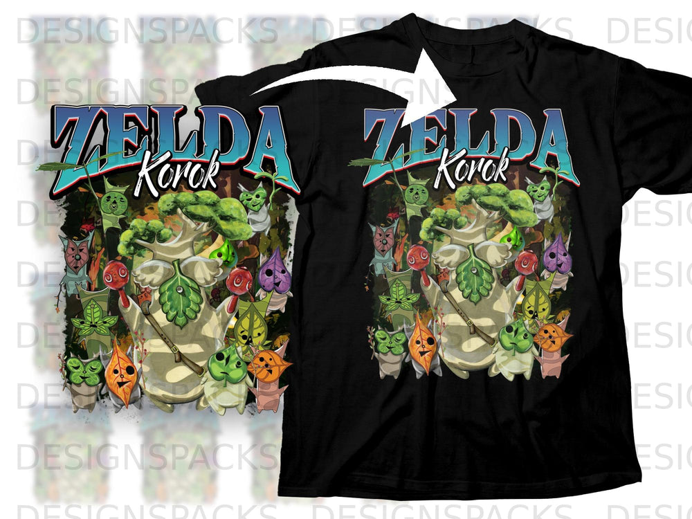 Black t-shirt featuring Zelda Korok characters with "Zelda Korok" text.