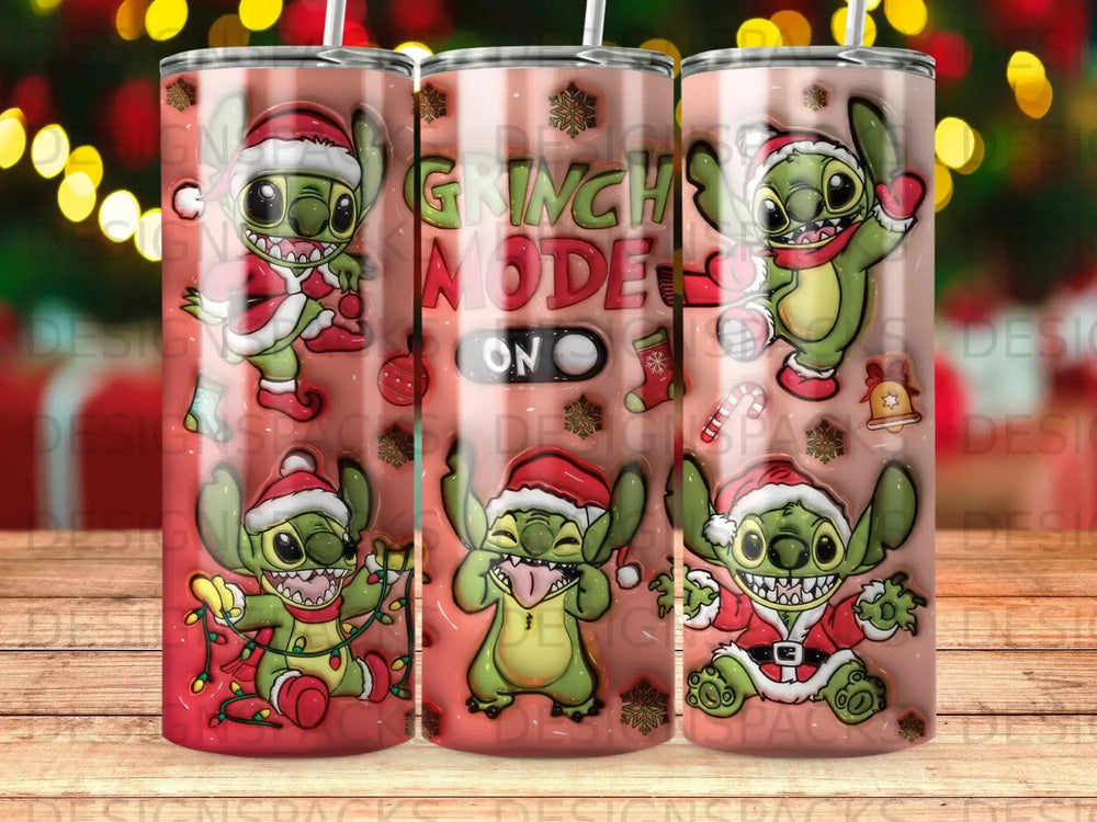 Stitch dressed as Santa Claus on a pink tumbler with "Grinch Mode On" text.