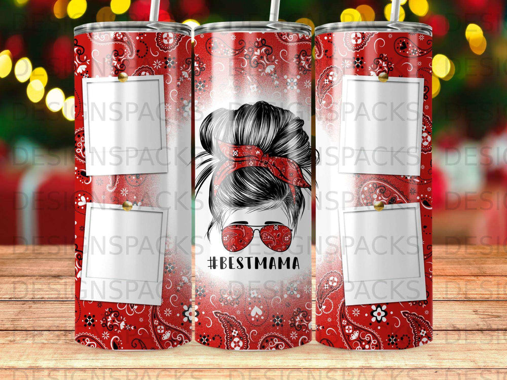 Tumbler with #BESTMAMA text, bandana bun hairstyle, and paisley pattern.
