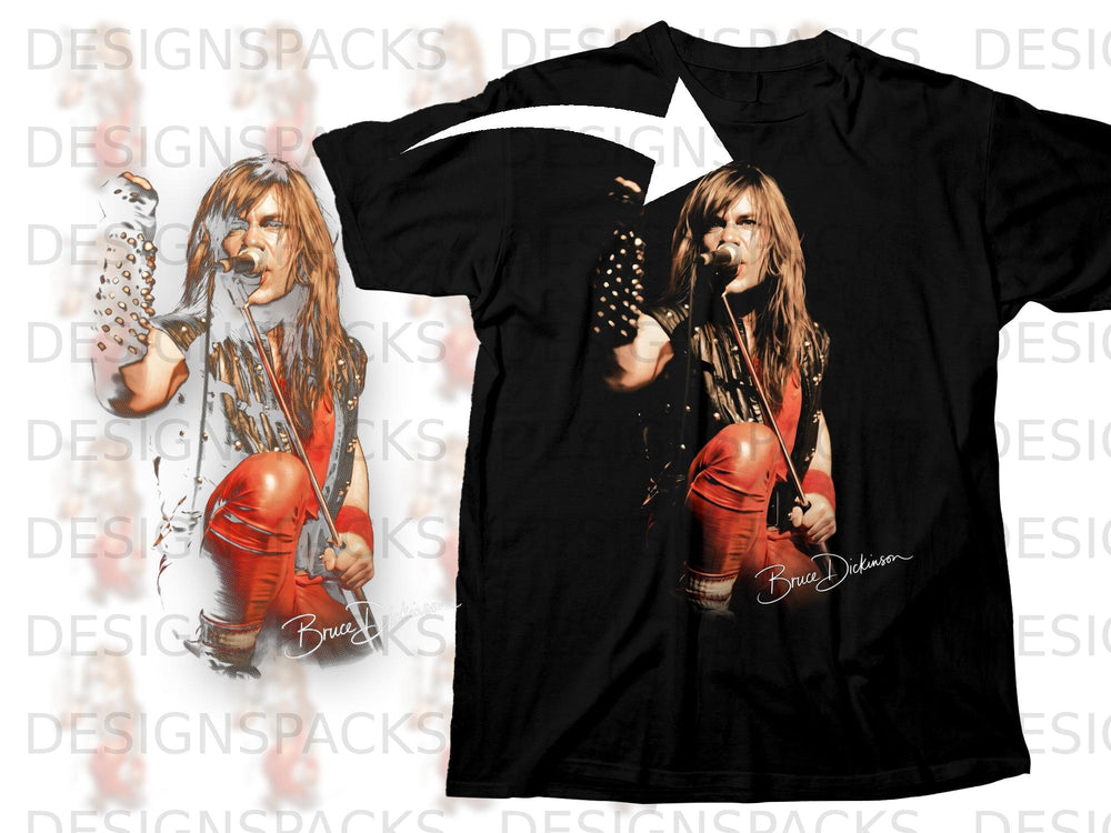 Black t-shirt featuring Bruce Dickinson performing with microphone and signature.