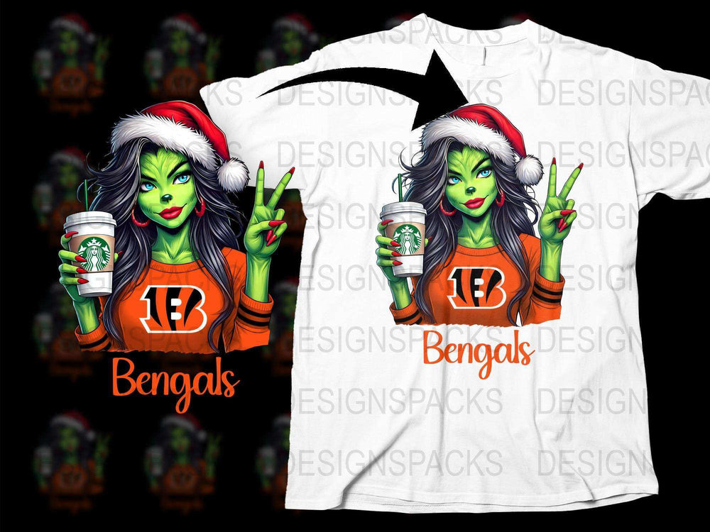 Festive Green Witch Bengals Fan T-Shirt, Christmas Santa Hat, Coffee Lover Graphic Tee