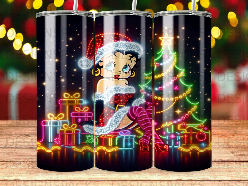 Betty Boop in a Santa outfit with gifts and a neon Christmas tree.