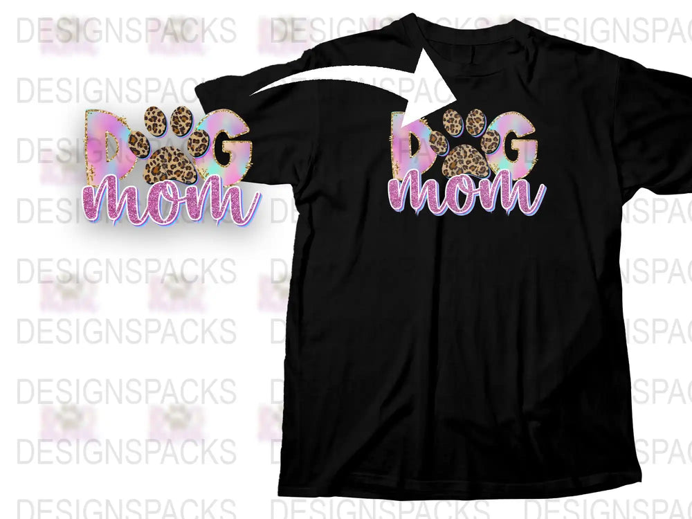 Dog Mom T-Shirt with Leopard Print, Pink Glitter, Black Shirt for Pet Lovers, Animal Print Fashion