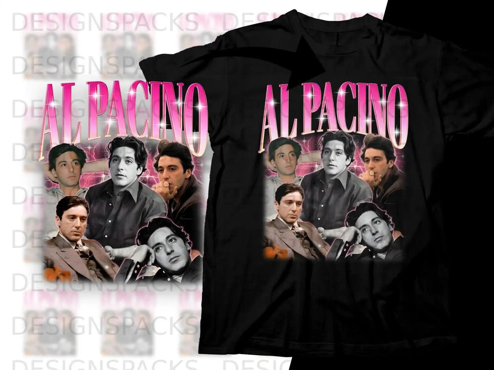 Al Pacino collage graphic on a black t-shirt.