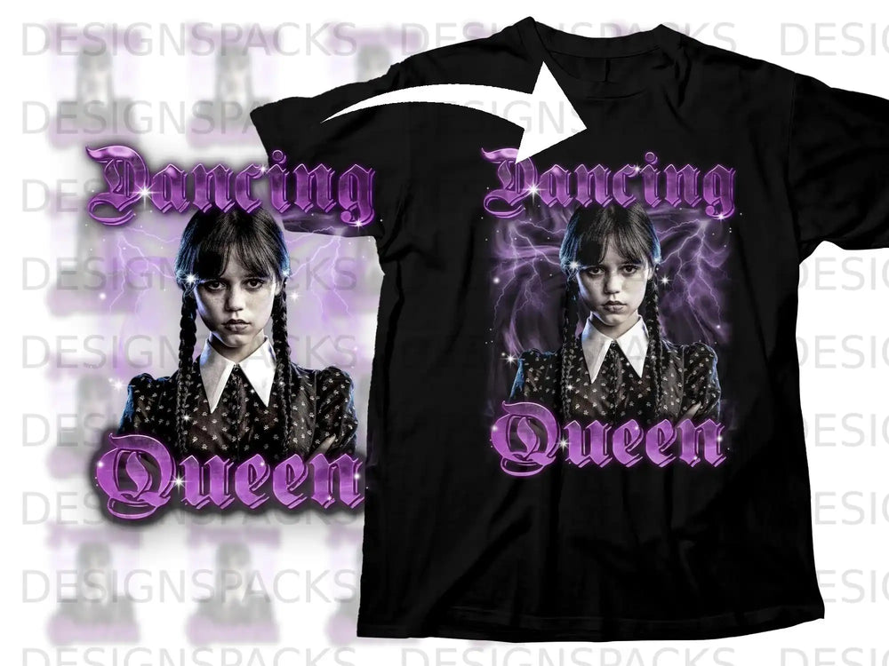 Black t-shirt with Wednesday Addams and "Dancing Queen" graphic.