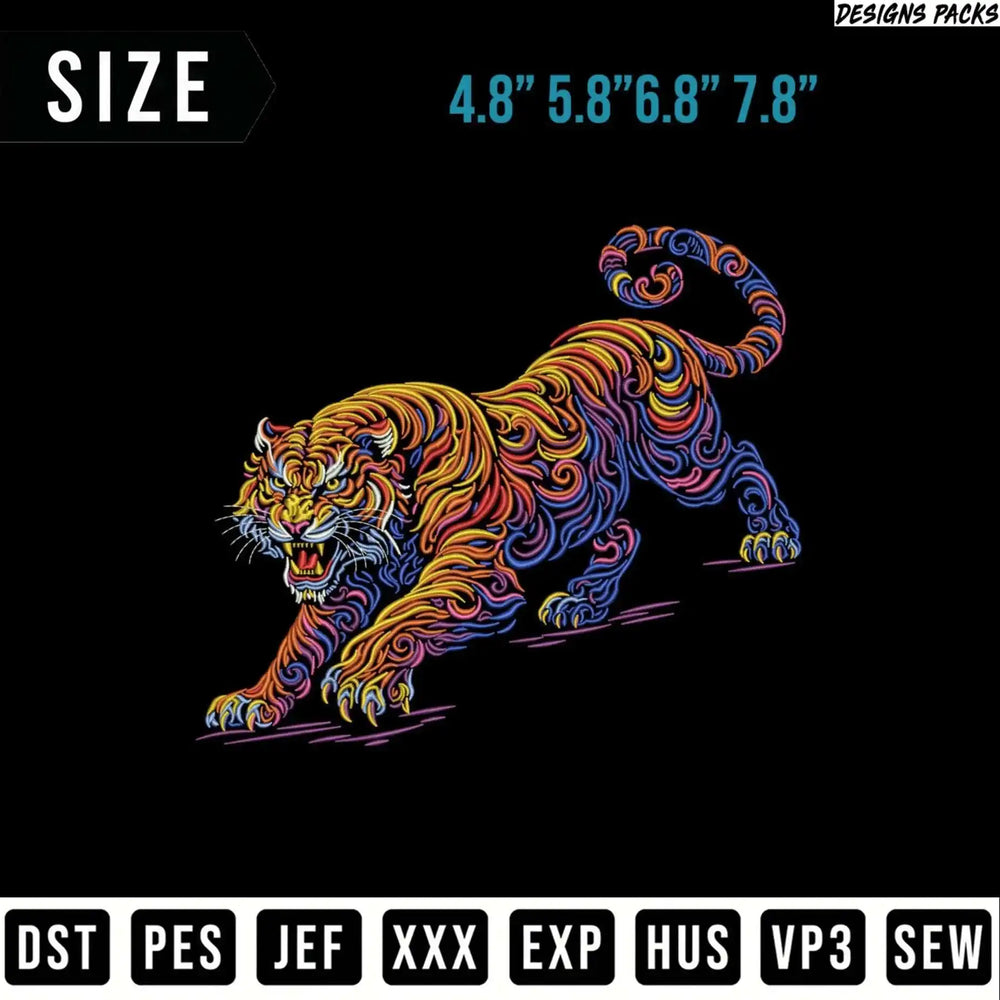 Tiger design with intricate colorful patterns, sizes and file formats listed.