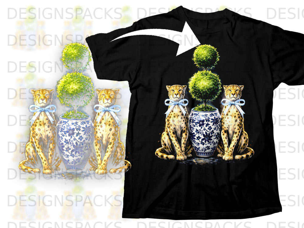 Two cheetahs wearing blue bow ties flank a blue and white porcelain vase with a topiary.