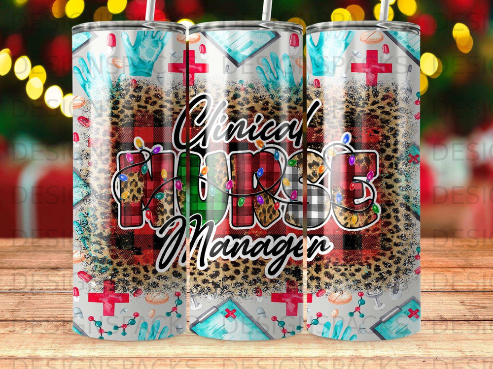 Medical tumbler with "Clinical Nurse Manager" text and medical icons.