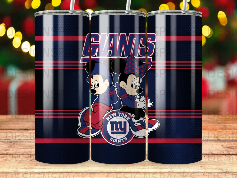 New York Giants themed tumbler with Mickey and Minnie Mouse.