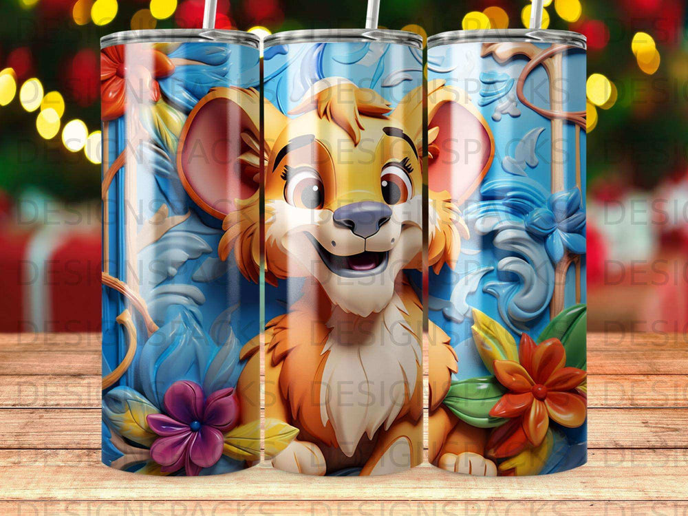 Cartoon lion cub with floral elements on a blue background.