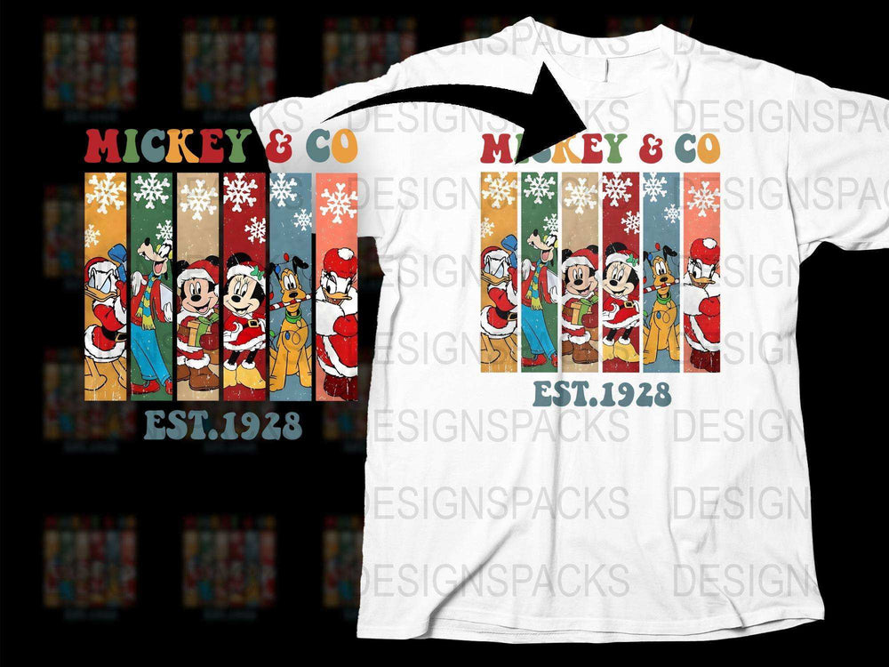 Mickey and Co Christmas Themed T-Shirt, Vintage Cartoon Characters, Holiday Apparel, Unisex Disney Inspired Tee, Est. 1928 Design