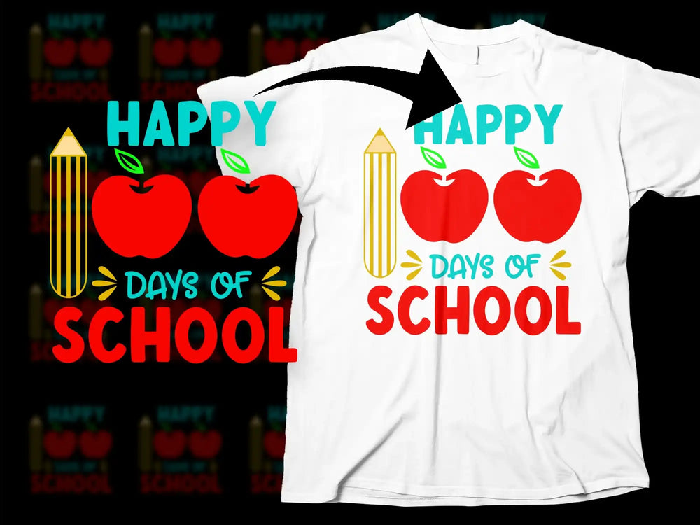 Happy 100 Days of School T-Shirt, Kids Teacher Celebration Tee, Colorful Apple and Pencil Design Shirt