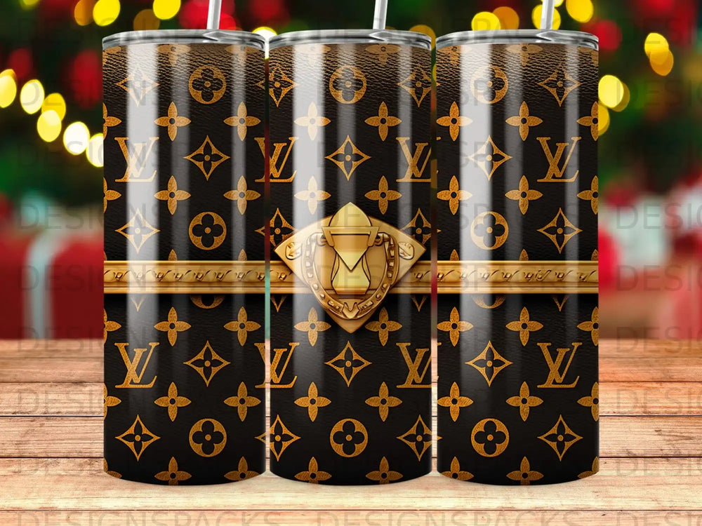 Tall tumbler with LV monogram pattern and gold accents.