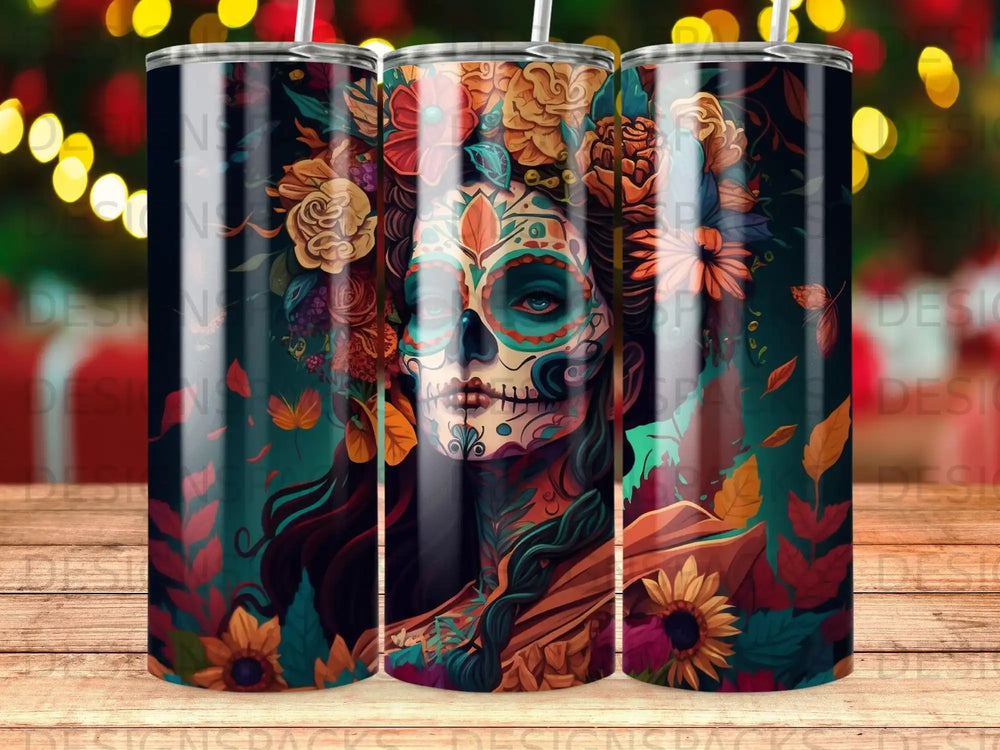Sugar skull woman with floral headdress, dark background, autumn leaves.