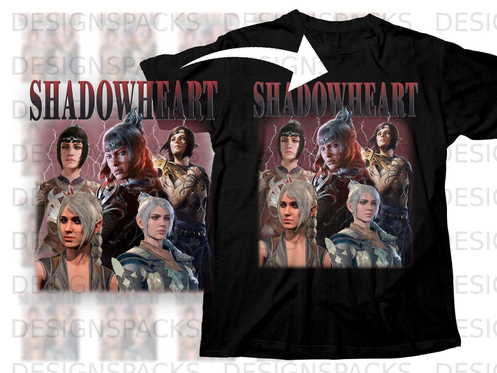 Black t-shirt featuring "Shadowheart" logo and character artwork.