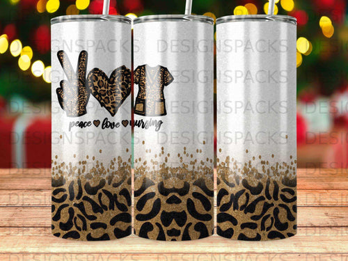 Peace love nursing tumbler with leopard print and glitter accents.