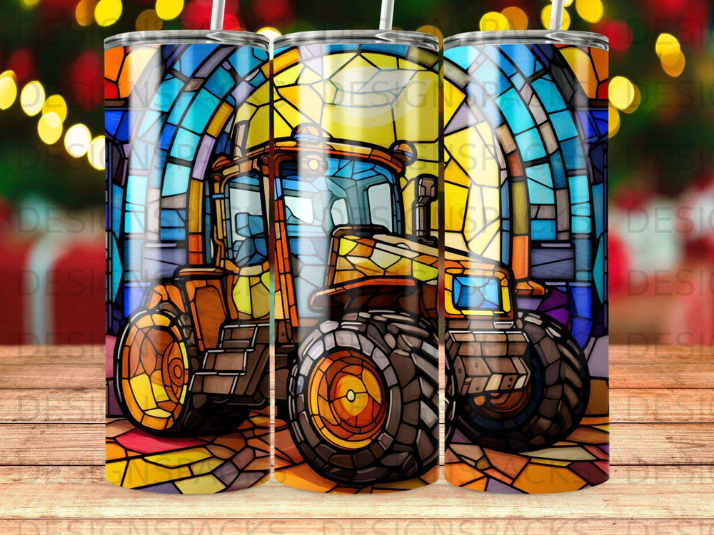 Tractor illustration against a colorful stained-glass background.