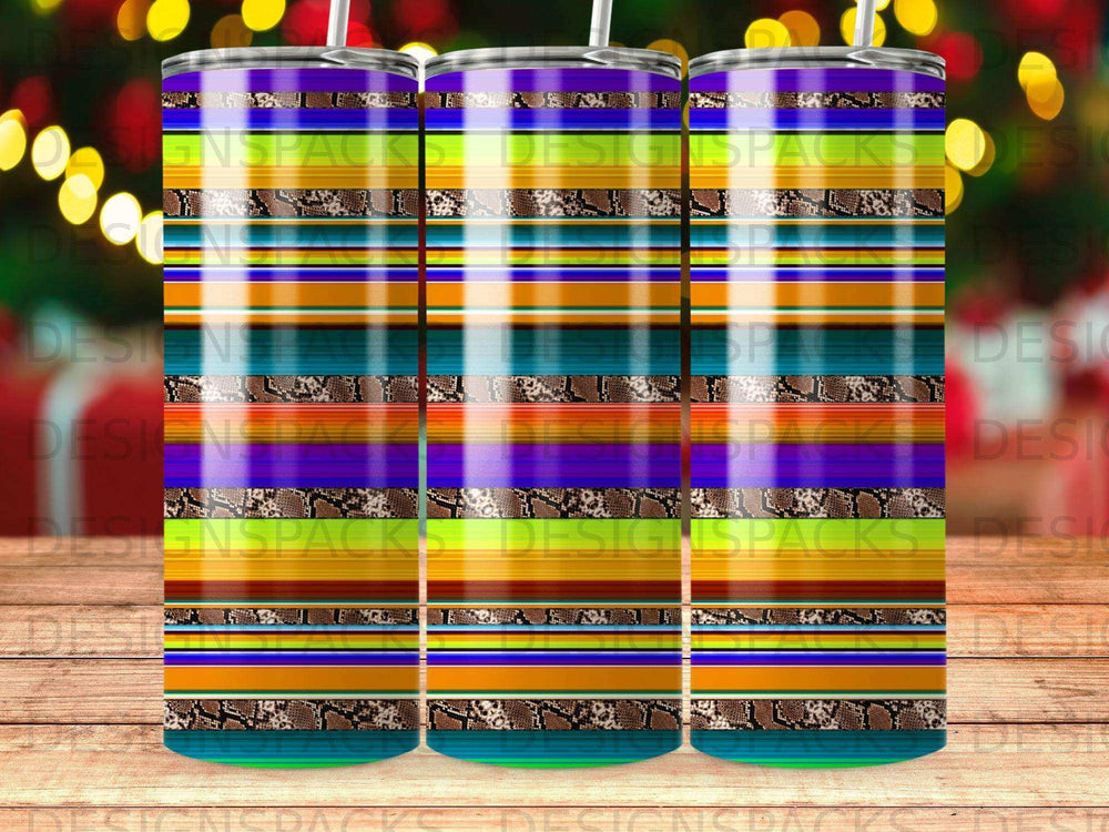 Colorful striped tumbler with snake print and bokeh background.