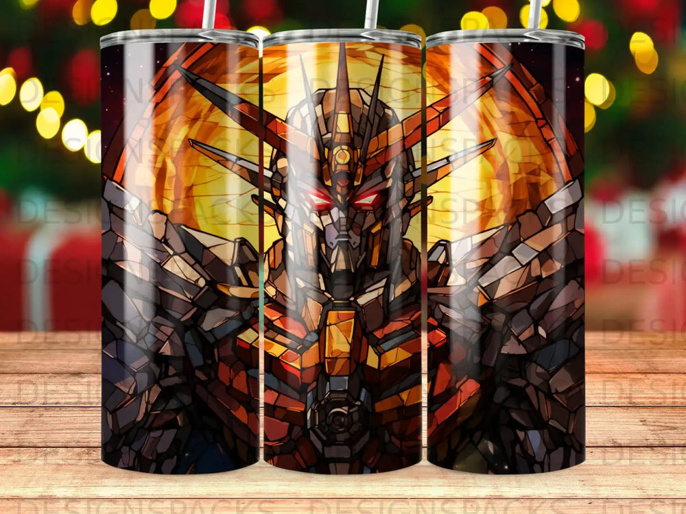 Detailed stained-glass style robot with red eyes and glowing background.