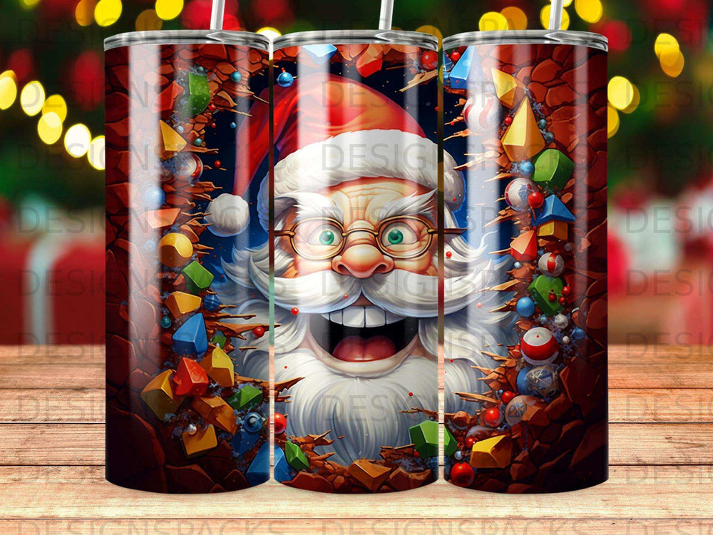 Santa Claus smiling wide, surrounded by colorful geometric shapes and ornaments.