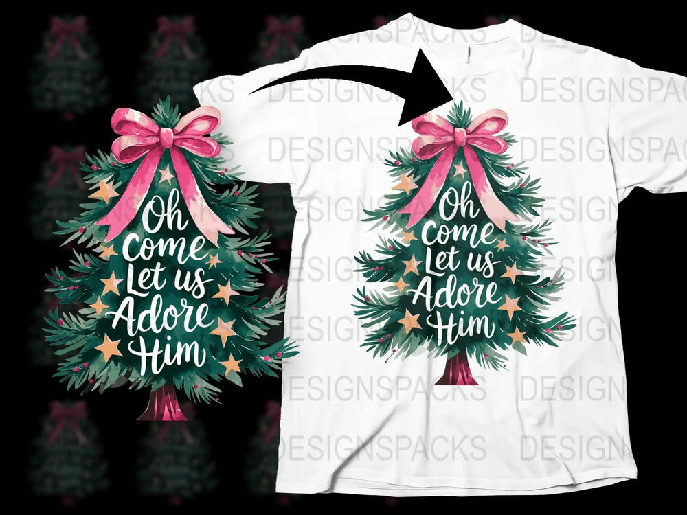 Christmas T-Shirt 'Oh Come Let Us Adore Him' Festive Holiday Tee with Tree and Bow Design for Adults and Kids