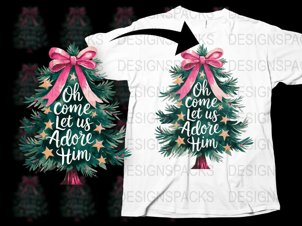 Christmas T-Shirt 'Oh Come Let Us Adore Him' Festive Holiday Tee with Tree and Bow Design for Adults and Kids