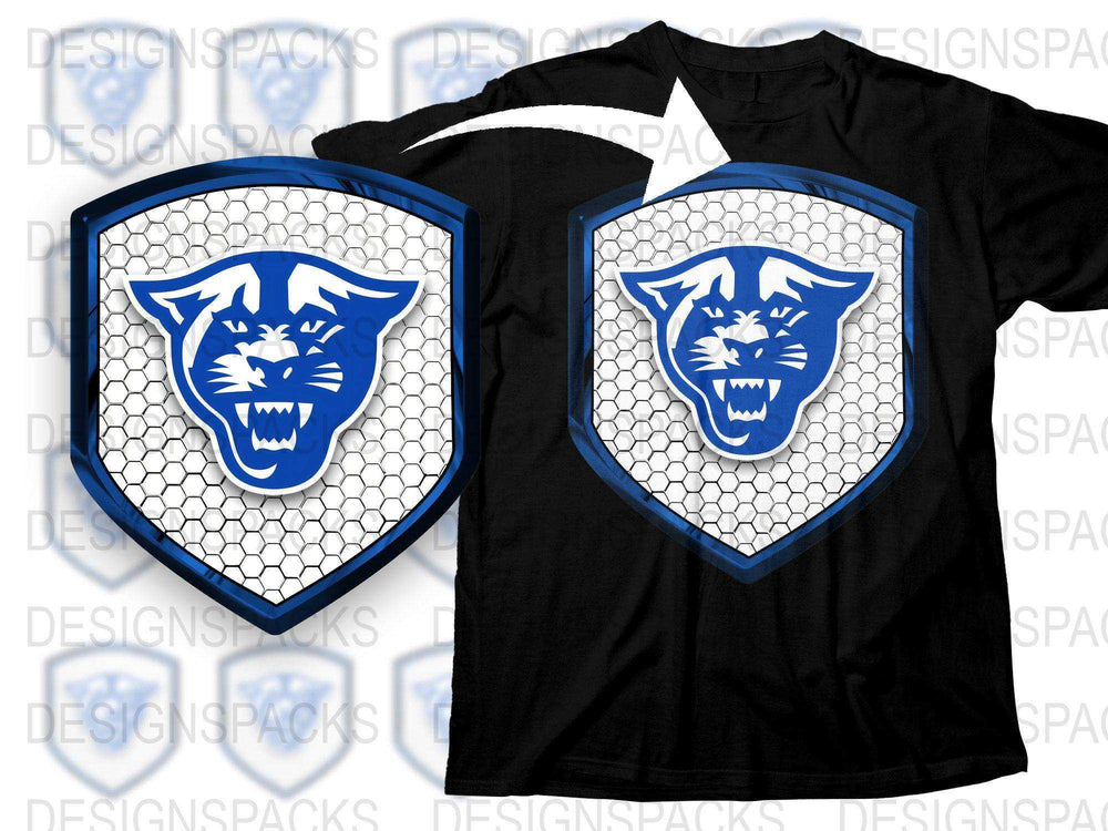 Men's Black T-Shirt with Blue and White Panther Design, Graphic Tee, Casual Wear, Unique Animal Print Shirt