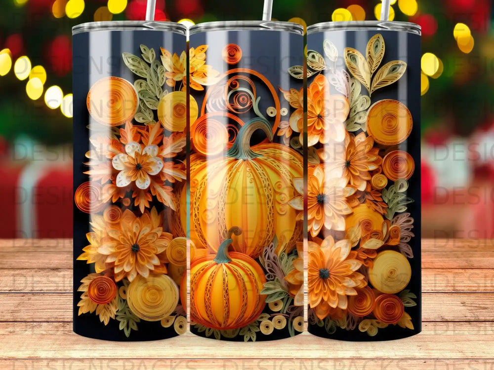 Orange pumpkin with fall flowers and leaves quill art on a dark background.