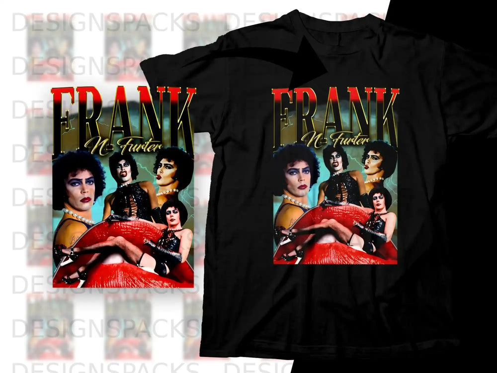 Frank N. Furter graphic on a black t-shirt.