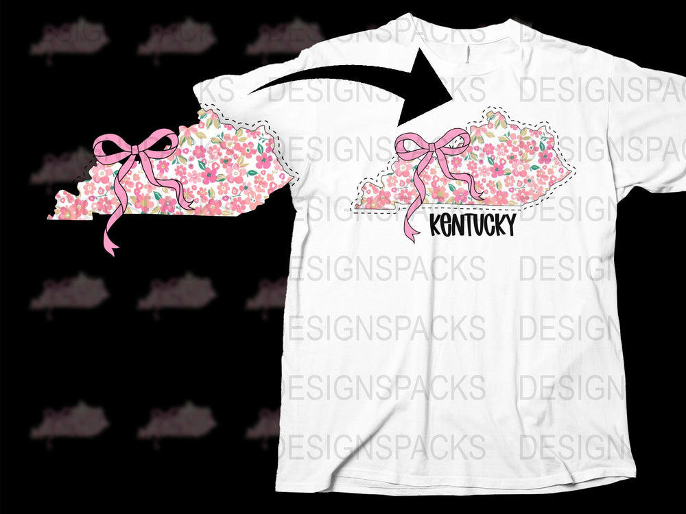 Kentucky State Pride Floral Pattern T-Shirt, Pink Bow Tie, Women's Fashion Top